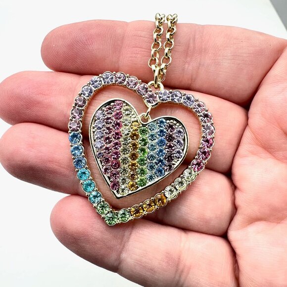 Kirks Folly Womens Necklace Gold Tone Crystal Rainbow Love Heart - Picture 1 of 4